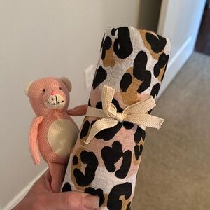 Leopard Print Swaddle Blanket with Pink Bear Toy